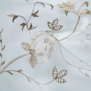 White Sheer Curtain with Gold Floral Embroidery